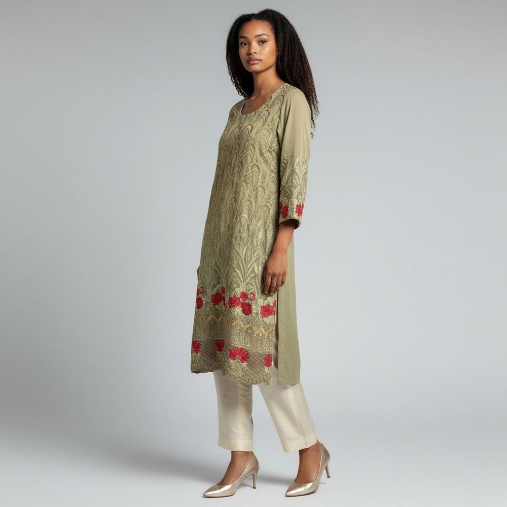 Pakistani Salwar Kameez Green Dress Elegant Gold Red Floral Embroidery see INFO